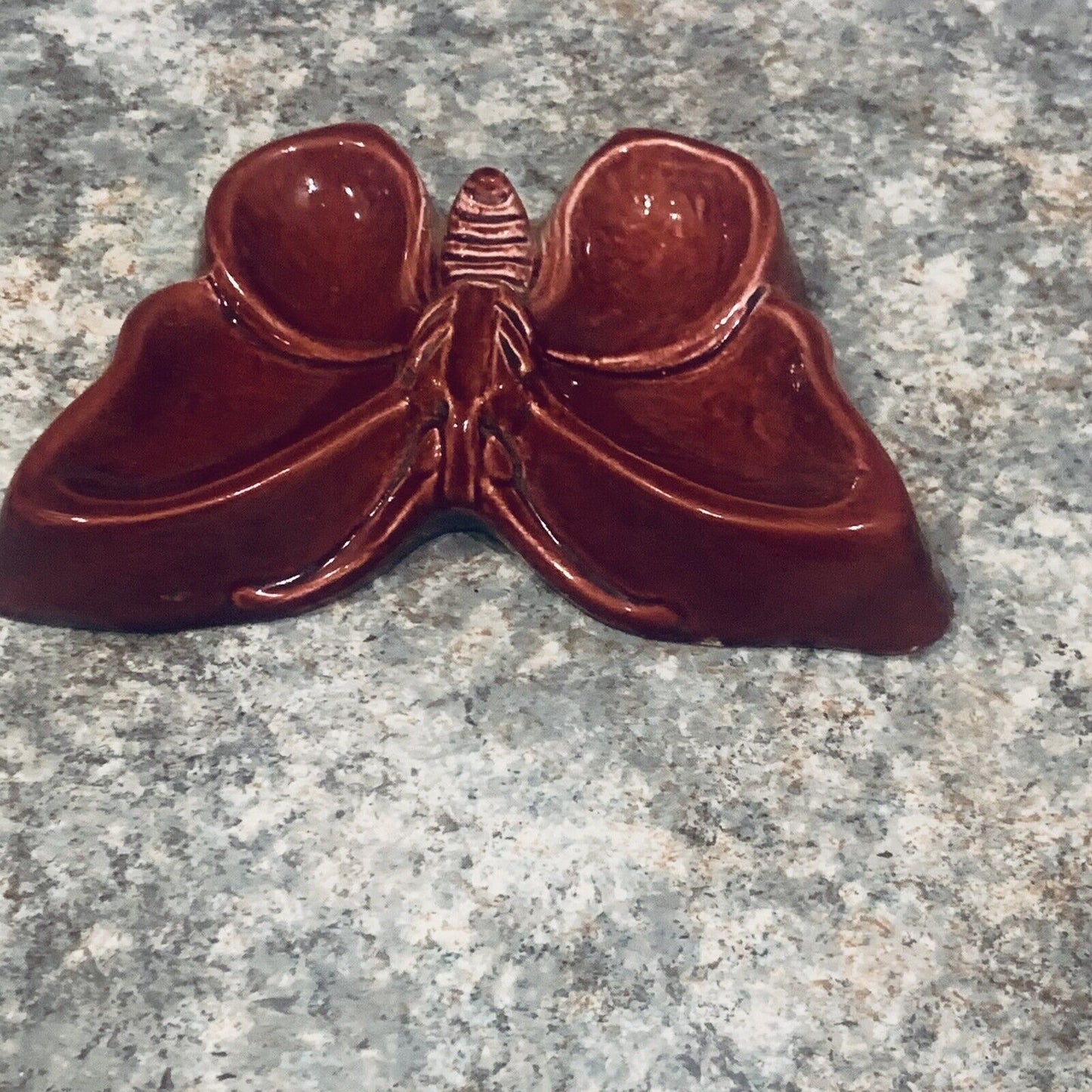 Vintage TRINKET DISH Glazed Ceramic BUTTERFLY Shaped Mould Soap Dish Maroon Red