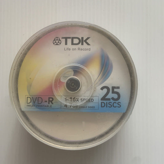 TDK DVD+R Disc 4.7GB 16 speed 25 DVD Discs Pk Spindle Data InkJet Printable NEW
