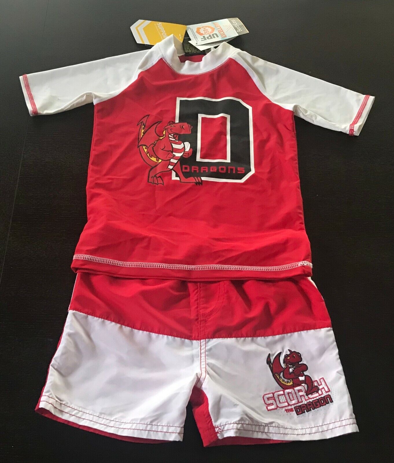 NRL ST GEORGE DRAGONS Rash Top Size 6 & Board Shorts Red & White Set Size 4 NEW