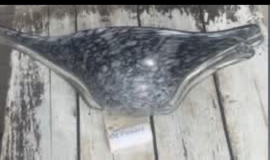 MCM Retro Mod MURANO Italian ART GLASS Bowl Black White Boat Shape Centerpiece