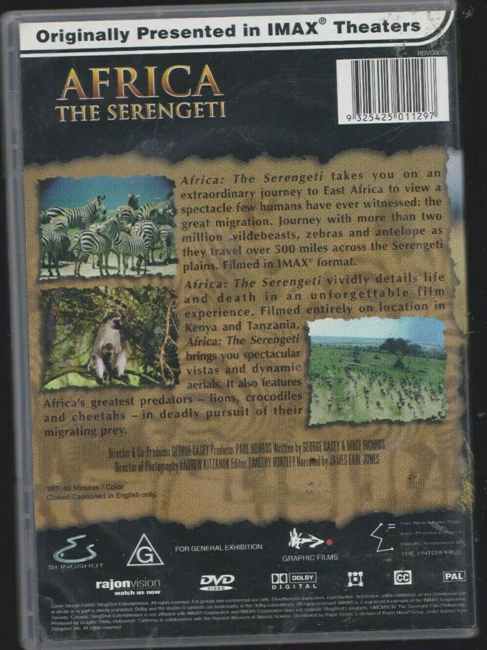 DVD IMAX Africa The Serengeti Narrated by James Earl Jones Nature Documentary