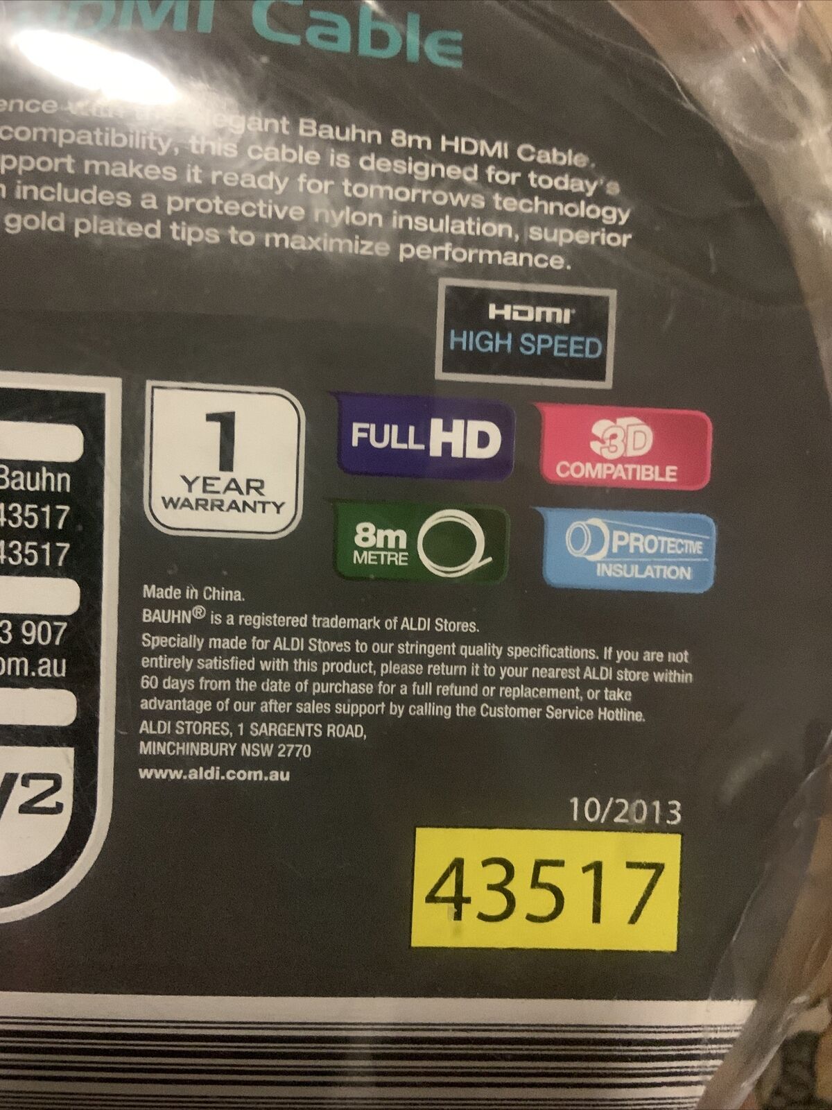 BAUHN 8 Metre HDMI Cable Full HD 3D Compatible Sealed High Speed NEW