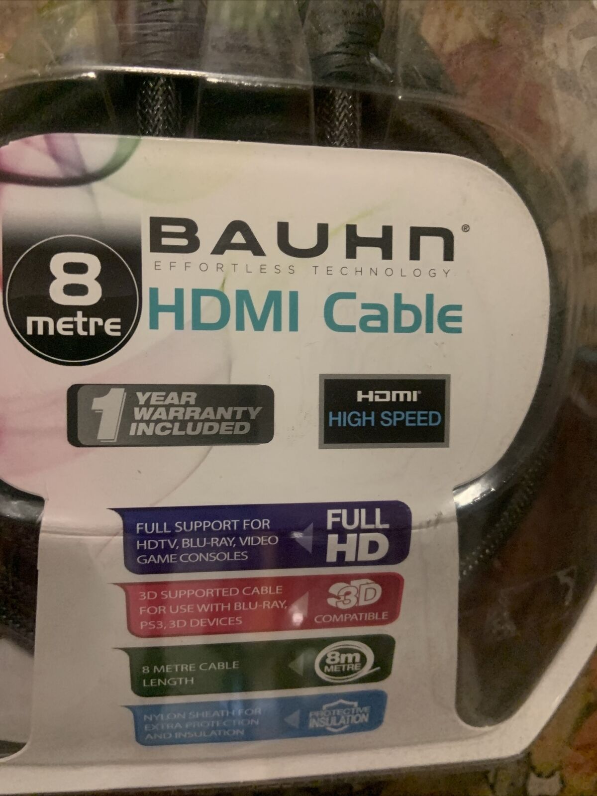 BAUHN 8 Metre HDMI Cable Full HD 3D Compatible Sealed High Speed NEW