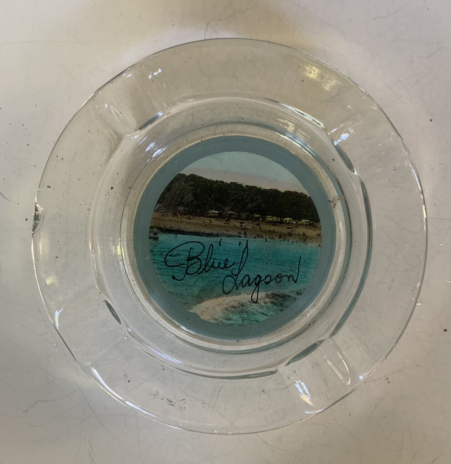 ASHTRAY BLUE LAGOON Midcentury Round Glass Transfer On Underside Vintage