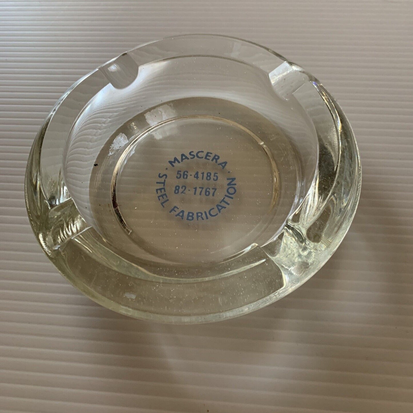 ASHTRAY Thick Round Glass MASCERA STEEL FABRICATION Logo Cigarette Cigar Vintage