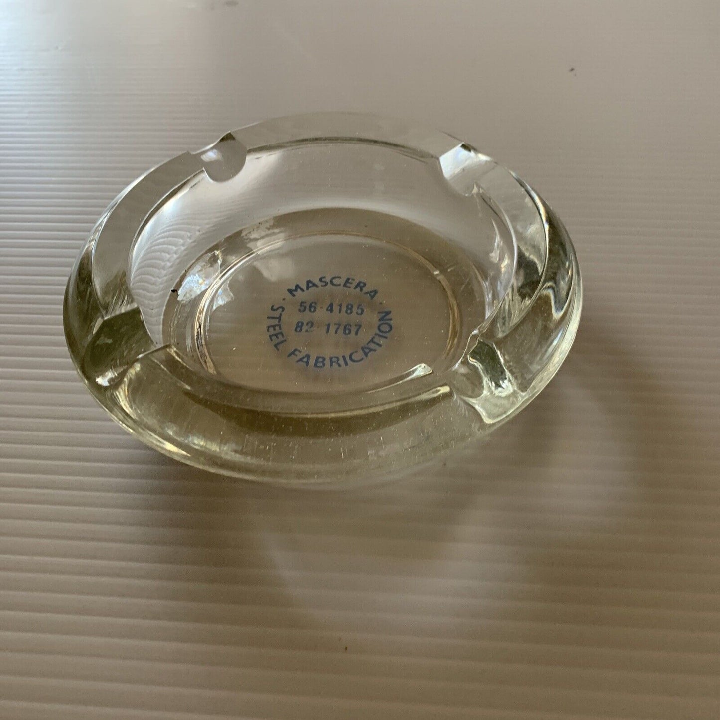 ASHTRAY Thick Round Glass MASCERA STEEL FABRICATION Logo Cigarette Cigar Vintage