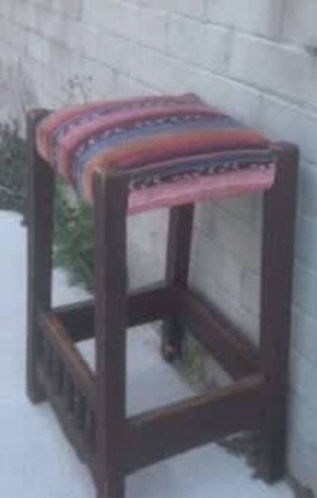 Vintage Colonial Bar Stool 68.5cm Wood Square Spindle Woven Fabric Padded Seat