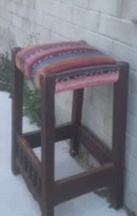 Vintage Colonial Bar Stool 68.5cm Wood Square Spindle Woven Fabric Padded Seat