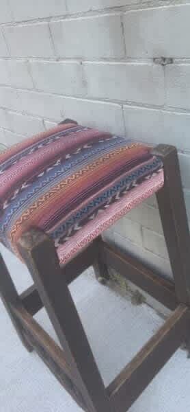 Vintage Colonial Bar Stool 68.5cm Wood Square Spindle Woven Fabric Padded Seat