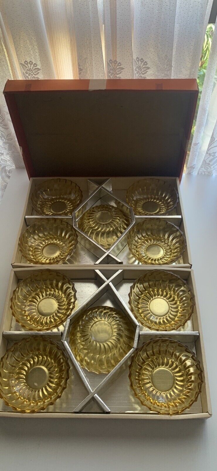 SOGA GLASS CO Set of 10 Mid Century AMBER GLASS SWEETS DESSERTS BOWLS in 2 Boxes