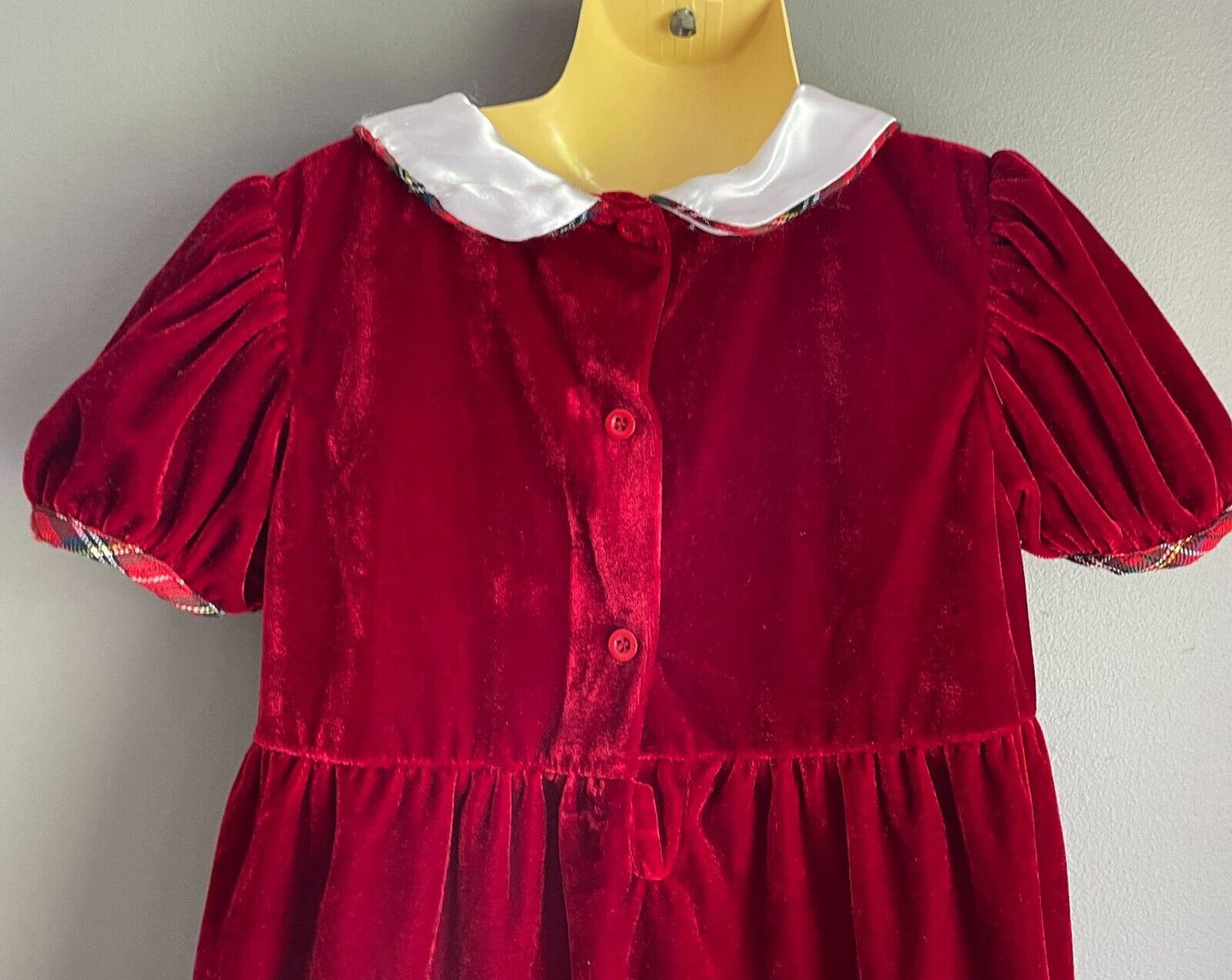 Vintage Girls LONGROAL Deep Red Velour Tartan Trim  Peter Pan Collar Sz 5 no tag