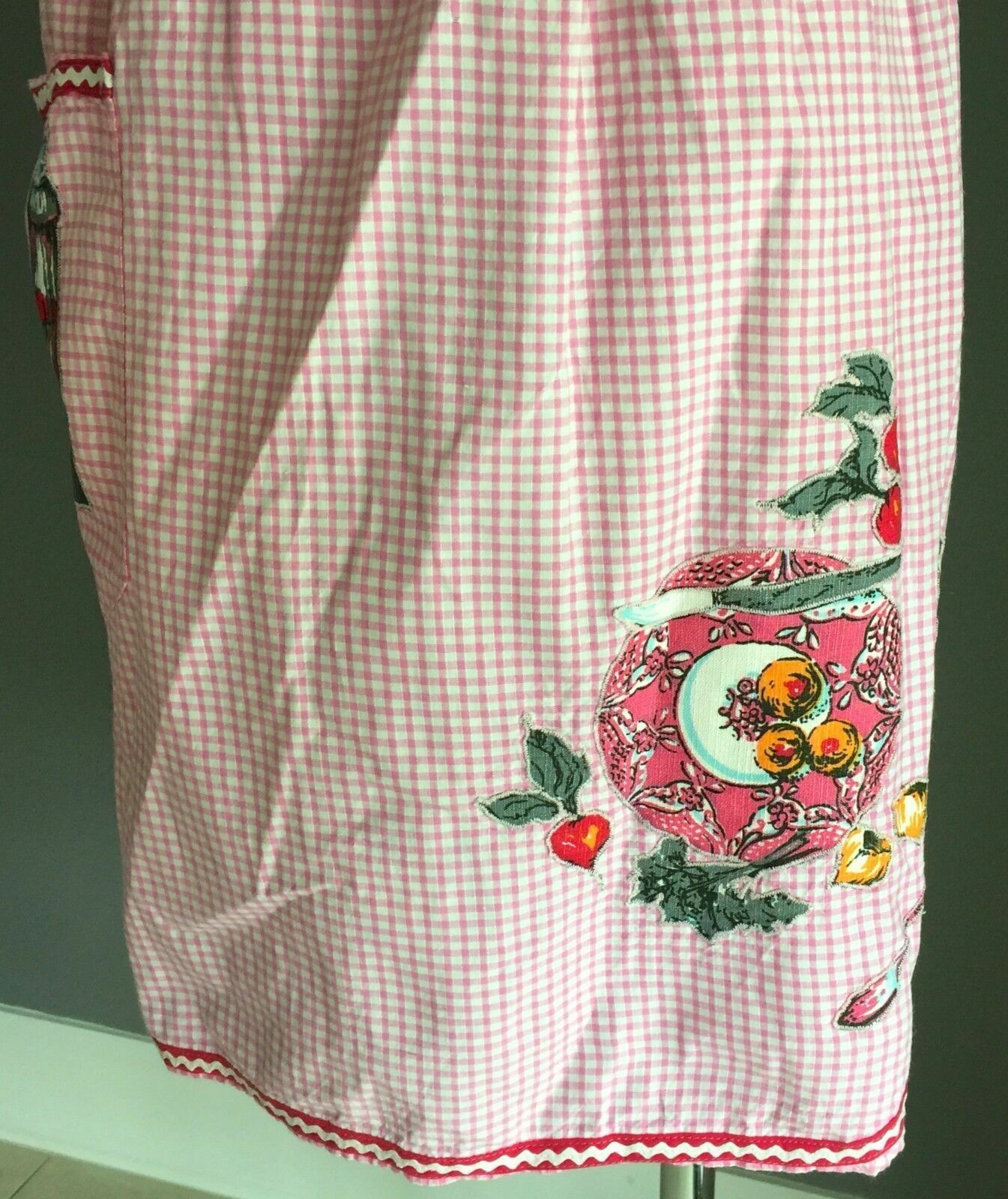 Vintage Kitchen Apron 1950's HandMade Pink White Gingham Waist Tie Size 10  16