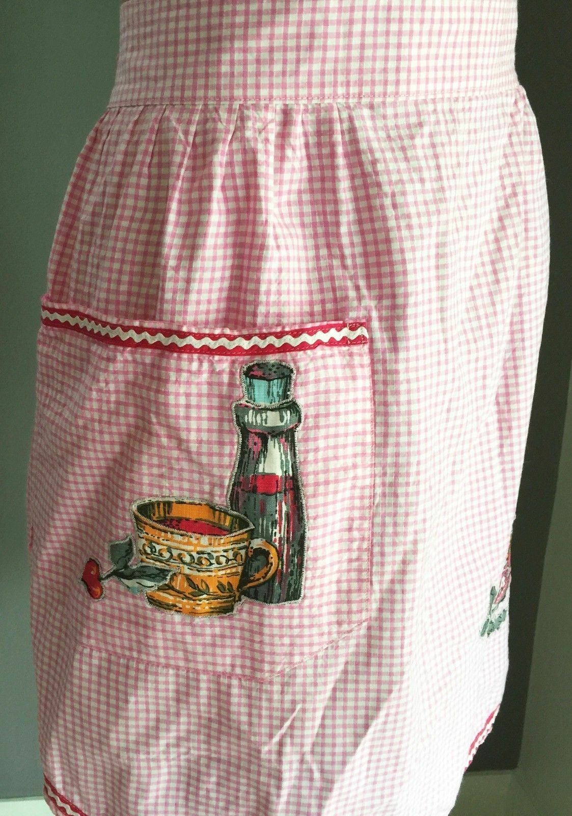 Vintage Kitchen Apron 1950's HandMade Pink White Gingham Waist Tie Size 10  16
