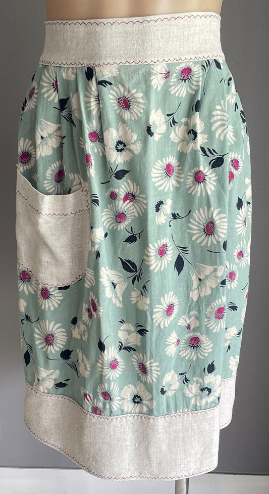 HALF APRON Vintage Handmade Sage Green Flora Print Beige Trim Waist Tie Sz 12 20