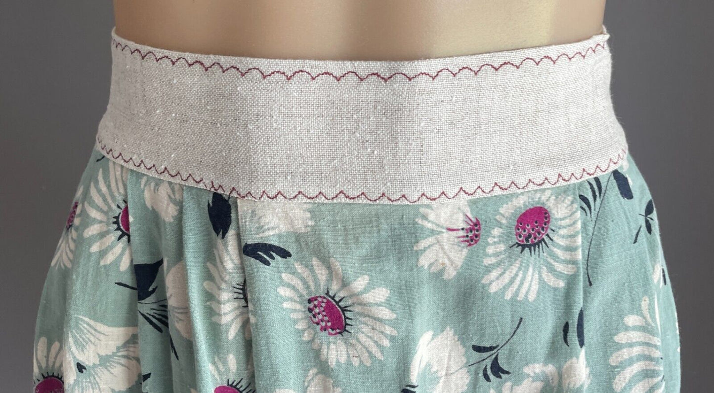 HALF APRON Vintage Handmade Sage Green Flora Print Beige Trim Waist Tie Sz 12 20
