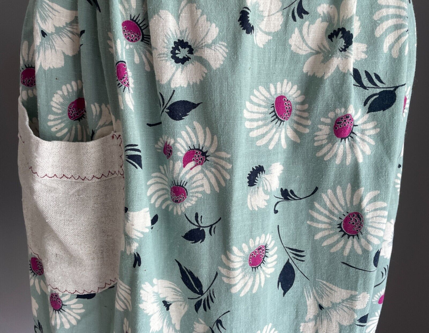 HALF APRON Vintage Handmade Sage Green Flora Print Beige Trim Waist Tie Sz 12 20