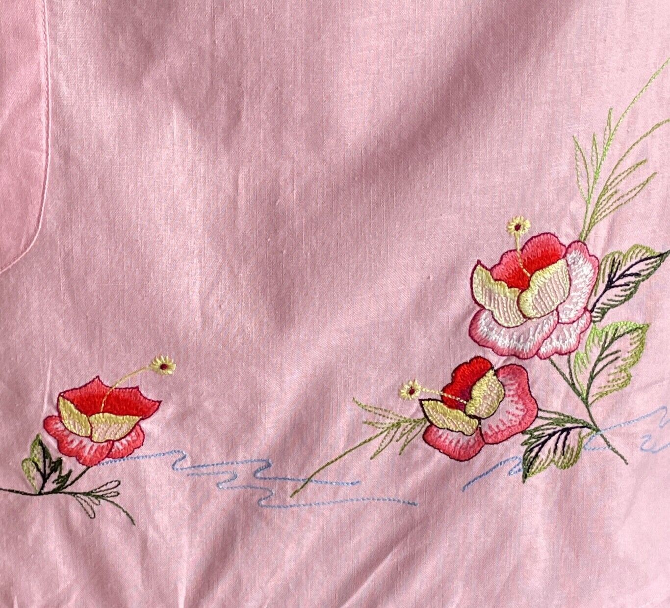 HALF APRON Vintage 1950's Pink Floral Embroidered Ruffle Trim Waist Tie Sz 8 12