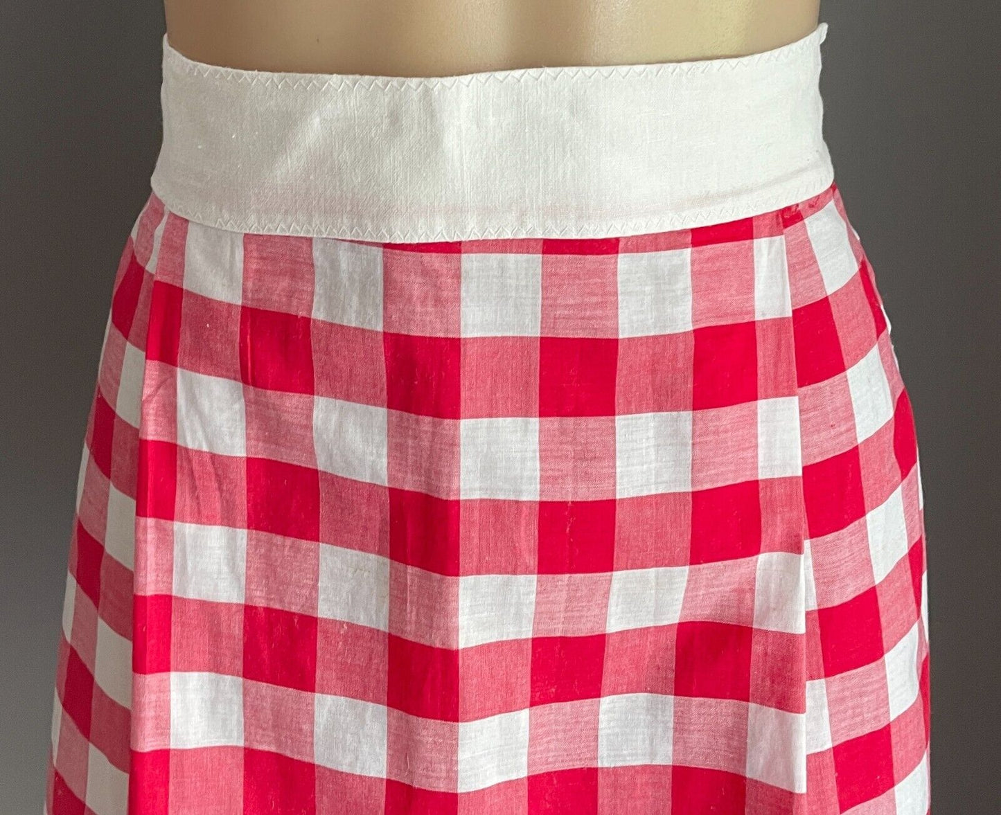 Vintage Kitchen Apron Handmade 1" Red White Gingham Check Print Waist Tie Sz 10