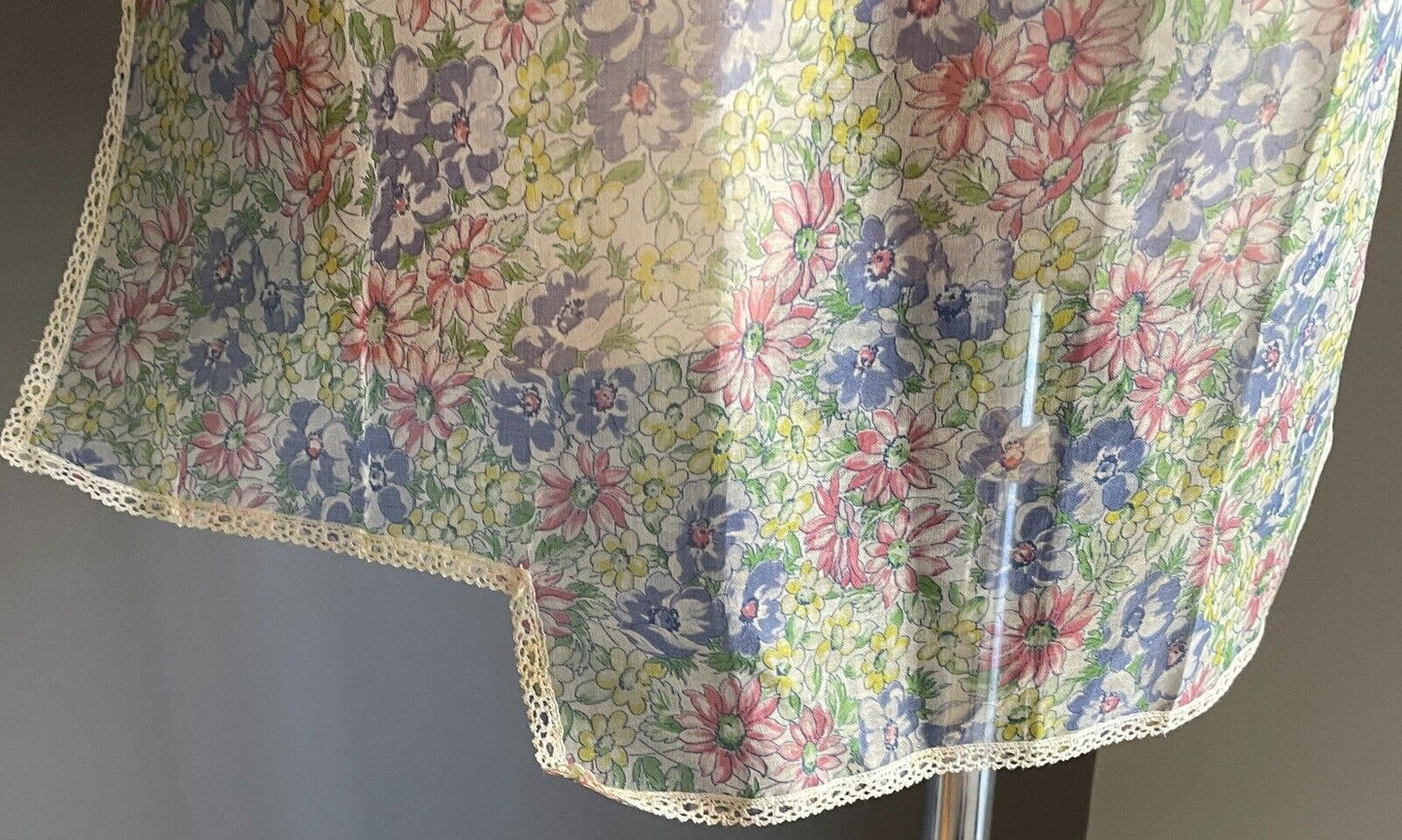 Vintage Kitchen 1940's Pastel Voile Floral Print Lace Trim Waist Tie Sz 8 12 NEW