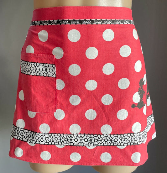 HALF APRON Vintage Coral Red White Polka Dot Poodle Print Waist Tie Sz 10 1950's