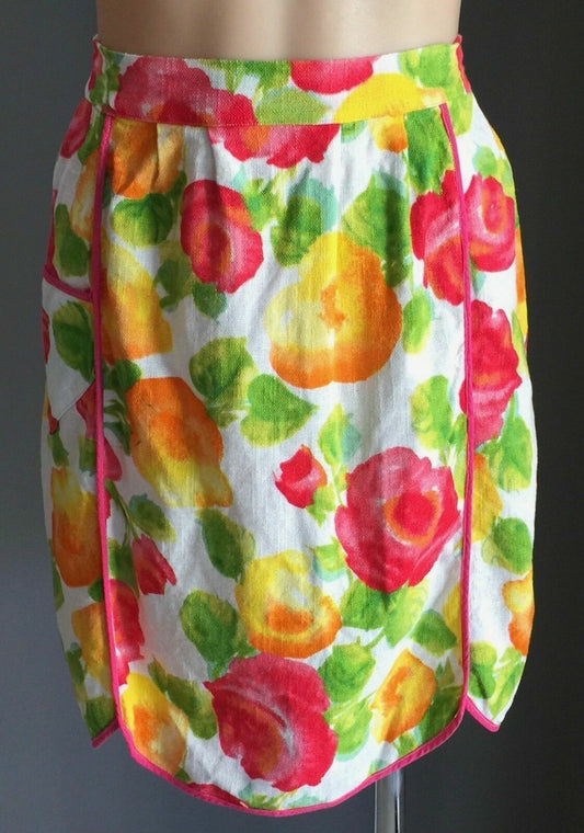 HALF APRON Vintage 1960s Bright Colour Roses 3 Petal Linen Waist Tie Sz 8 10 NEW