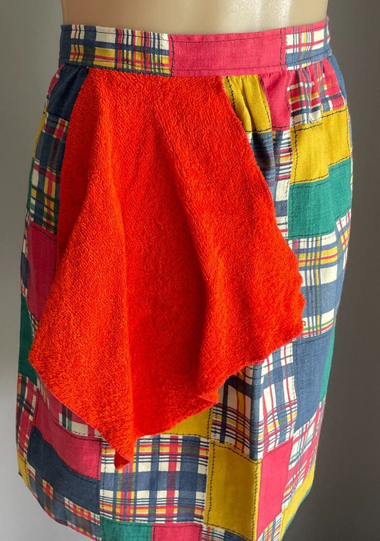 Vintage Kitchen Apron Red Patch Print Waist Tie Attached Hand Towel Sz 8 12