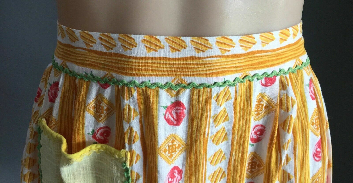 HALF APRON Vintage Yellow Brown Pink Rose Handmade Waist Tie Size 10 1950's 60's