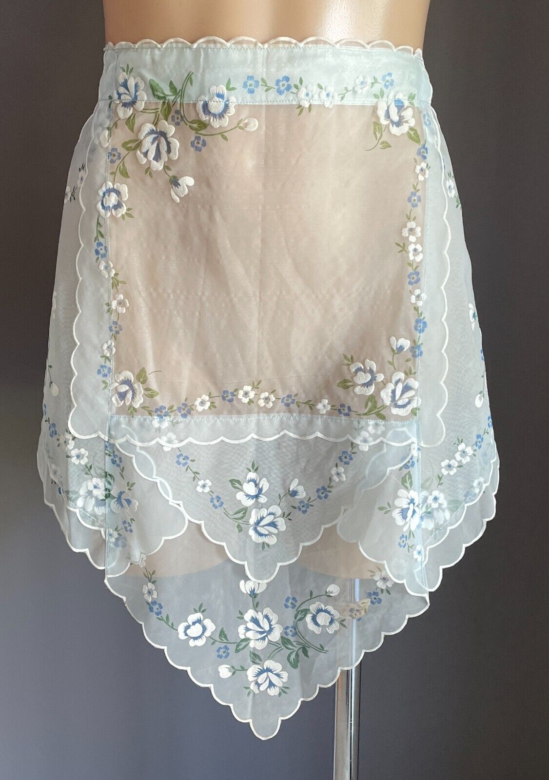 Vintage Kitchen Apron 1960's Light Blue Voile Satin Ribbon Tie Waist Tie Sz 6 10