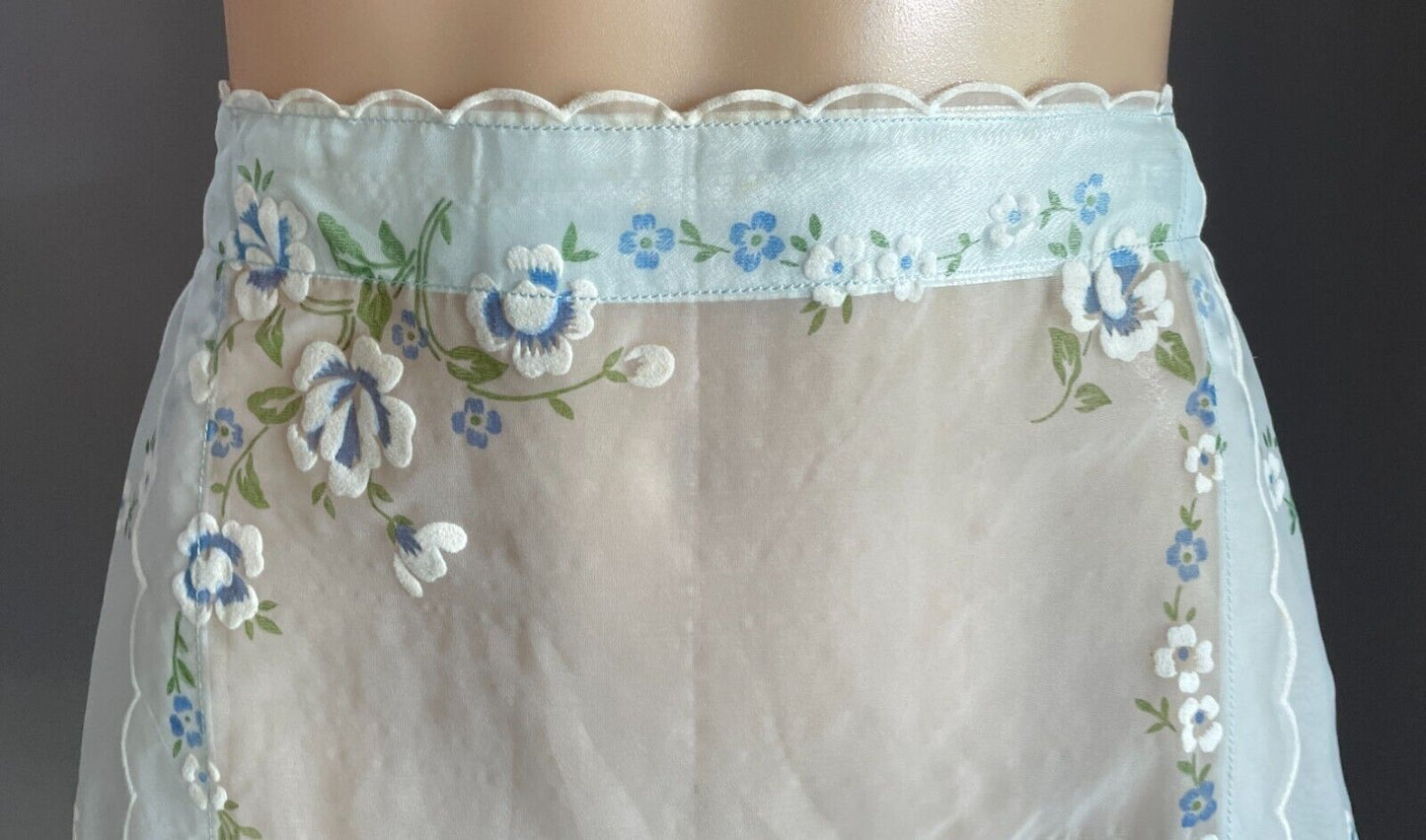 Vintage Kitchen Apron 1960's Light Blue Voile Satin Ribbon Tie Waist Tie Sz 6 10