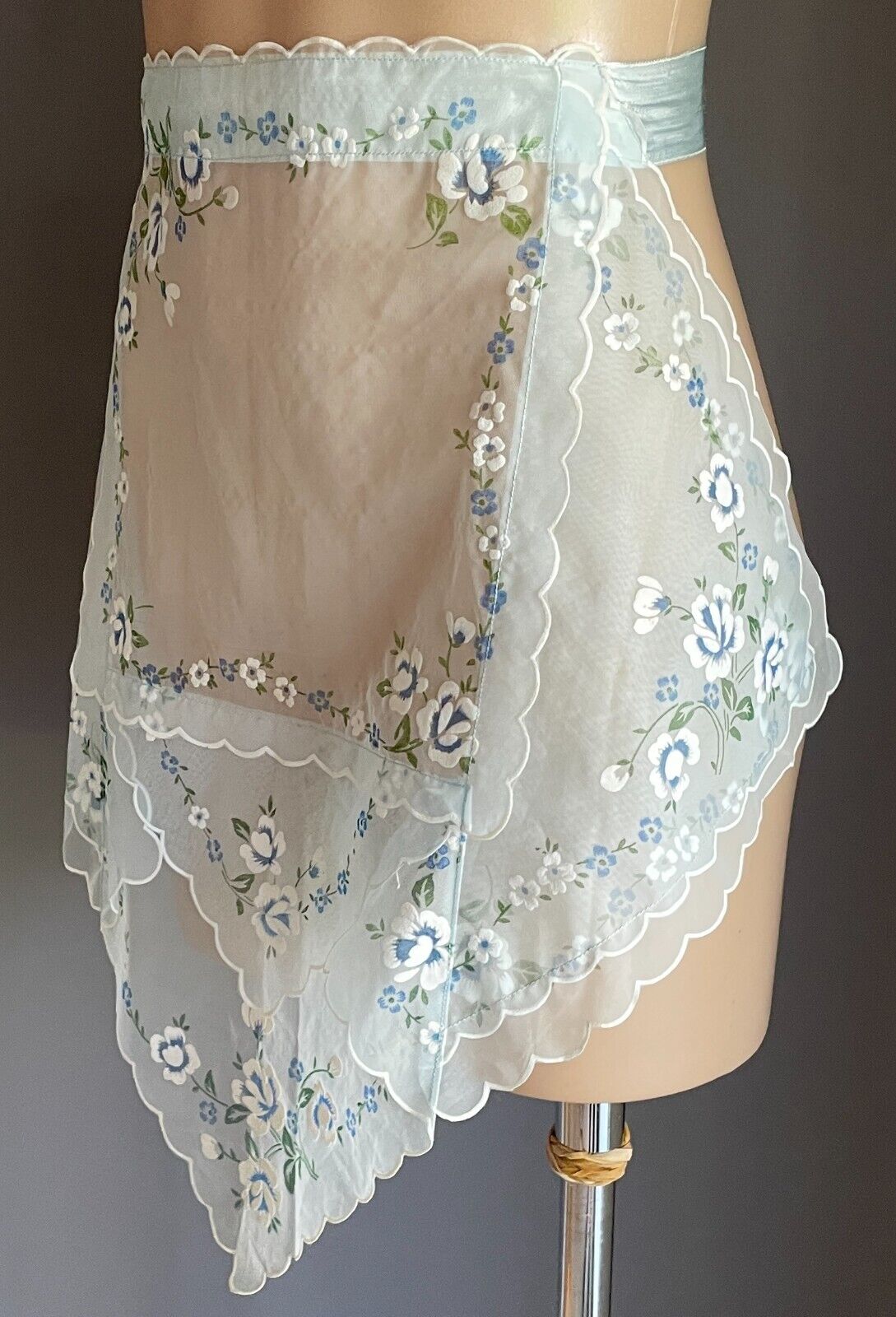 Vintage Kitchen Apron 1960's Light Blue Voile Satin Ribbon Tie Waist Tie Sz 6 10