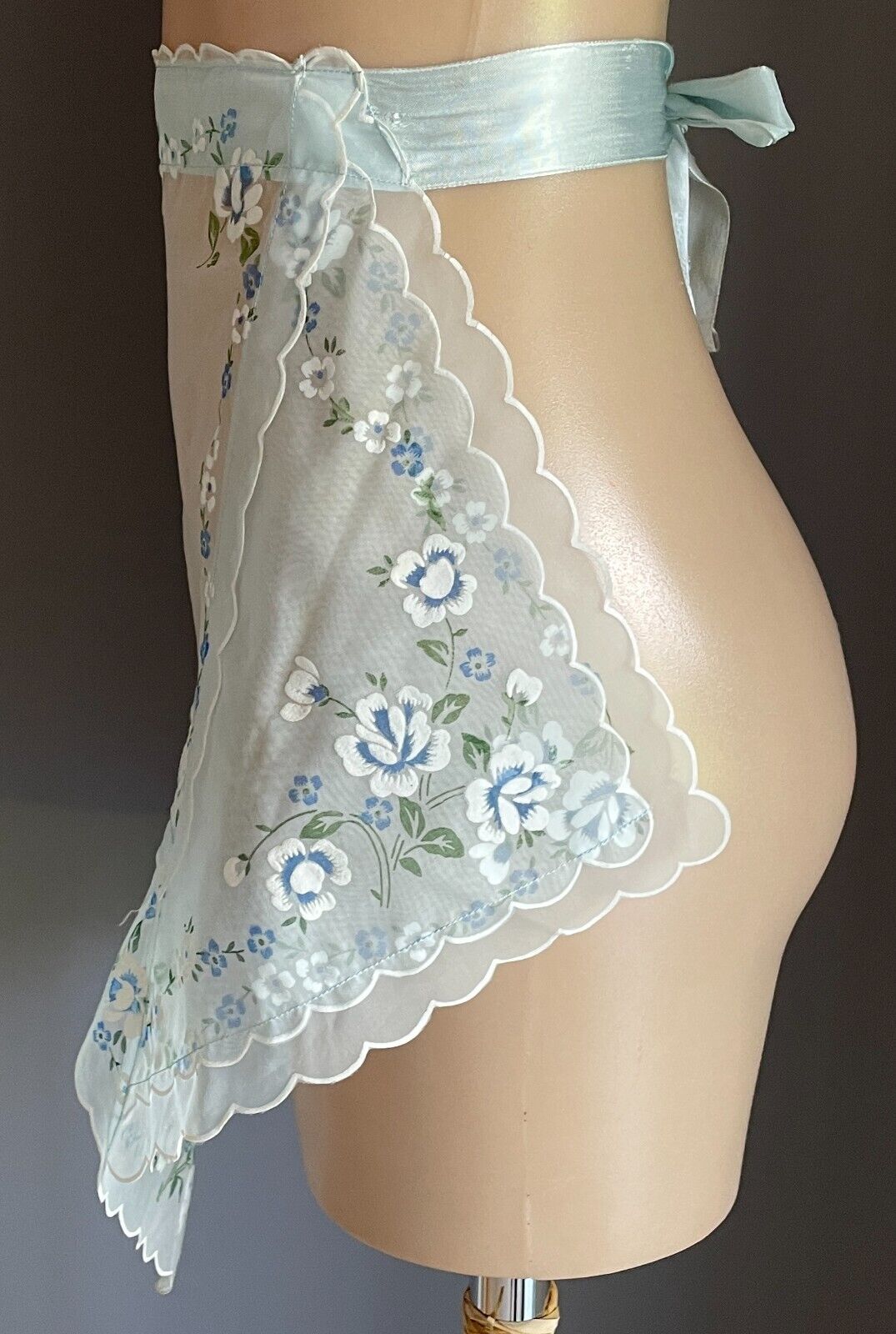 Vintage Kitchen Apron 1960's Light Blue Voile Satin Ribbon Tie Waist Tie Sz 6 10