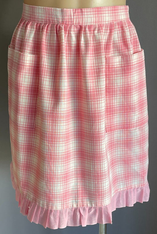 HALF APRON Vintage 1950's Pink White Check Ruffle Trim Waist Tie To Fit Sz 8 12