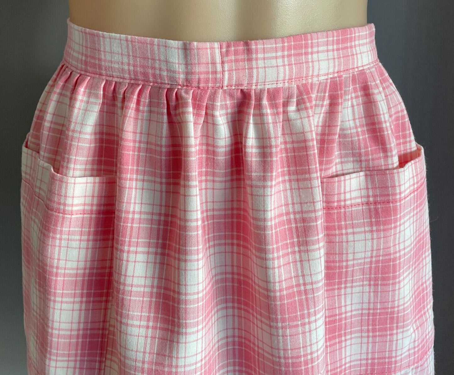 HALF APRON Vintage 1950's Pink White Check Ruffle Trim Waist Tie To Fit Sz 8 12