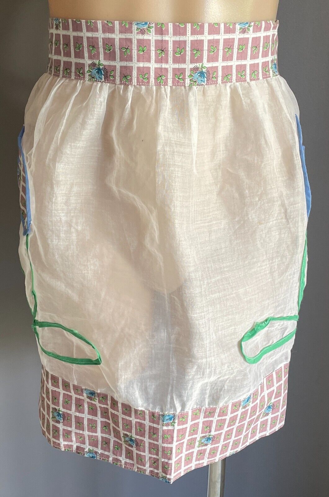 HALF APRON Vintage Retro Tulip Applique Multicolour Check Waist Tie Sz  8 10