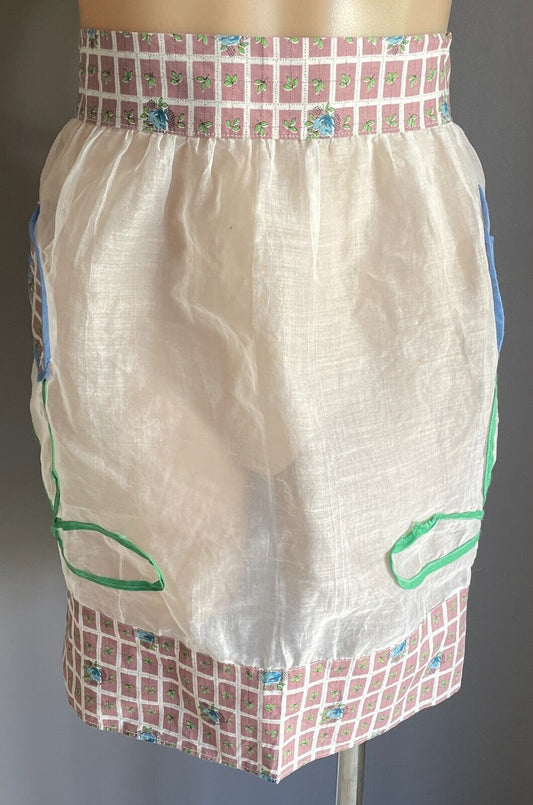 HALF APRON Vintage Retro Tulip Applique Multicolour Check Waist Tie Sz  8 10