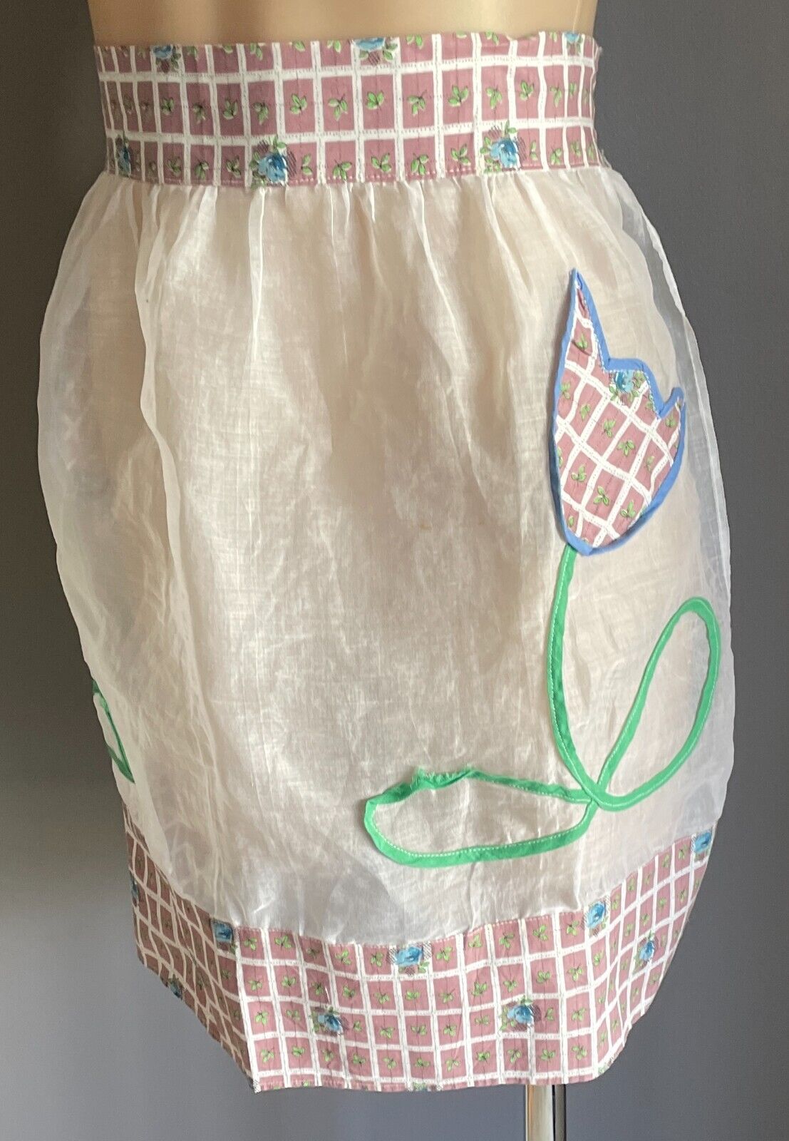 HALF APRON Vintage Retro Tulip Applique Multicolour Check Waist Tie Sz  8 10