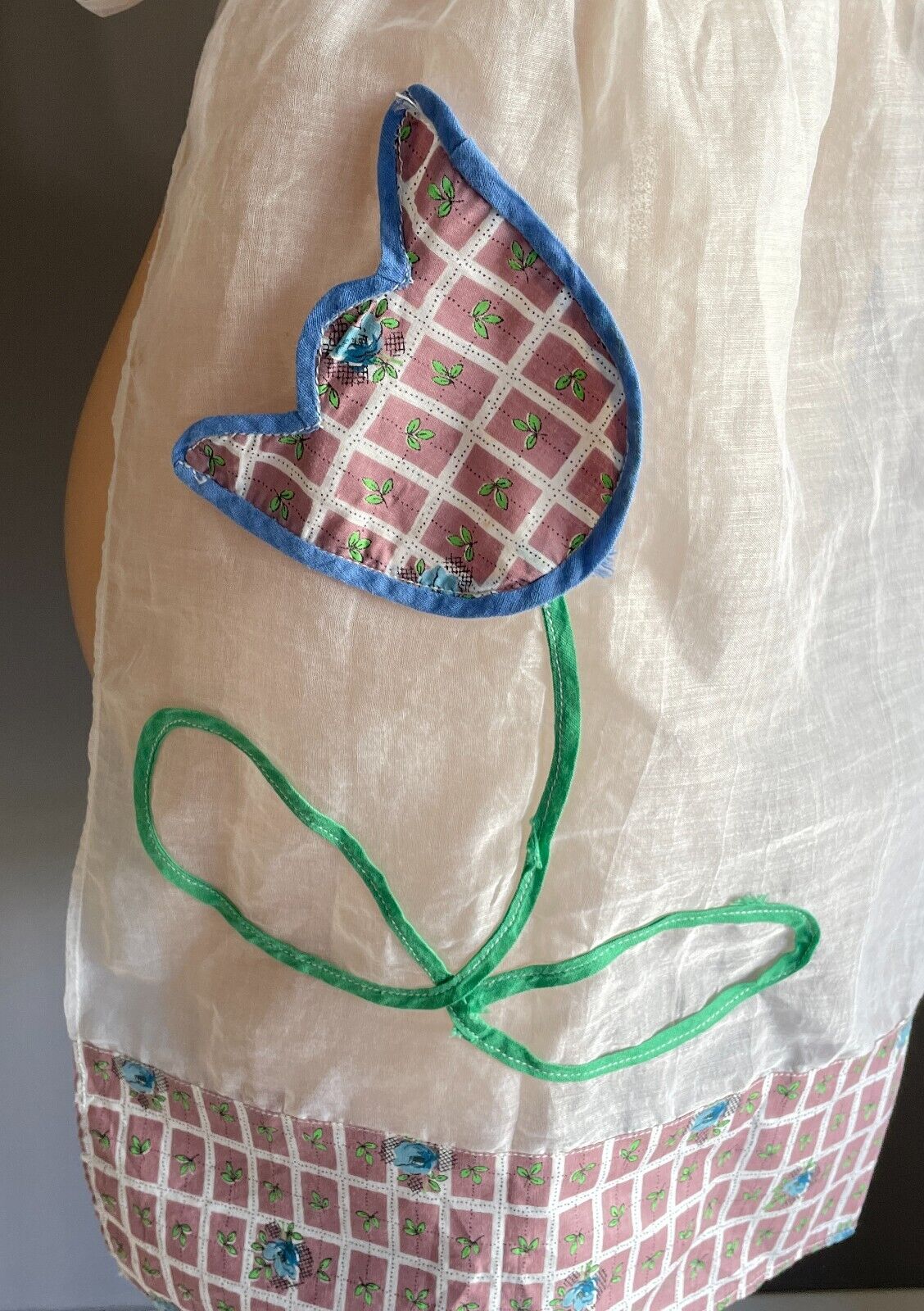 HALF APRON Vintage Retro Tulip Applique Multicolour Check Waist Tie Sz  8 10