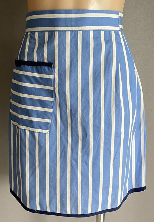 HALF APRON Vintage 1960's Blue White Stripe Waist Tie Size 10 - 12 NEW NOS