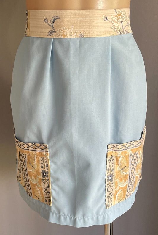 HALF APRON Vintage 1970's Blue w Brown Fabric Print Trim Size 8 10 Handmade