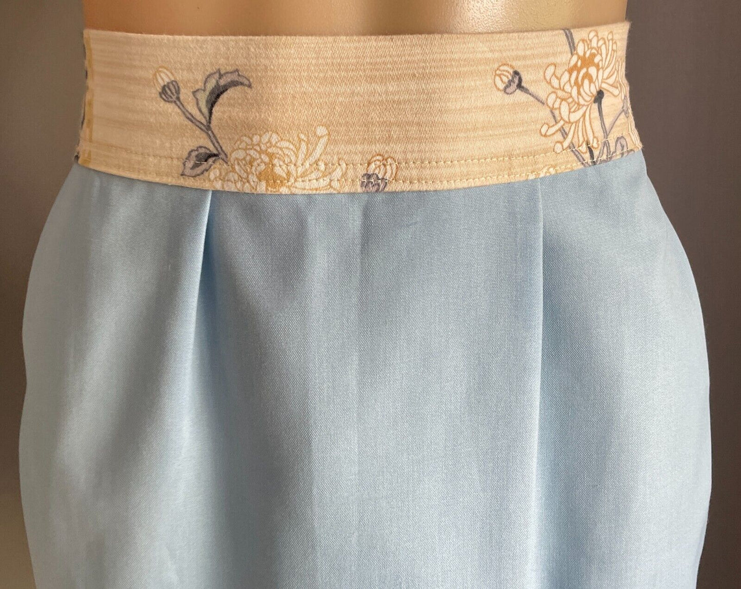 HALF APRON Vintage 1970's Blue w Brown Fabric Print Trim Size 8 10 Handmade