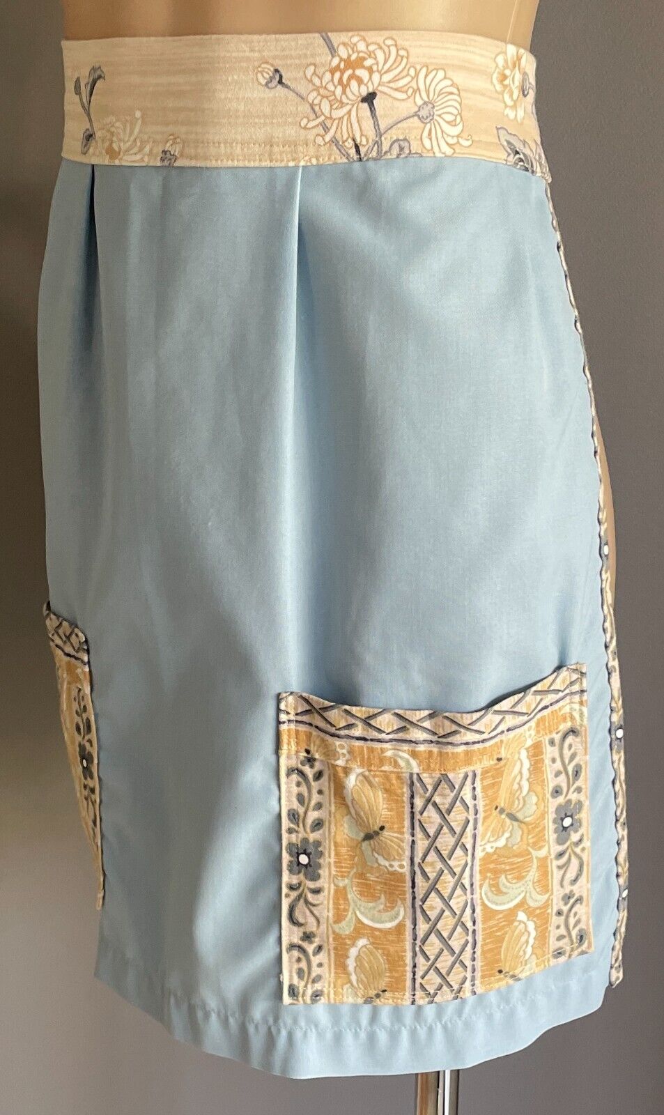 HALF APRON Vintage 1970's Blue w Brown Fabric Print Trim Size 8 10 Handmade