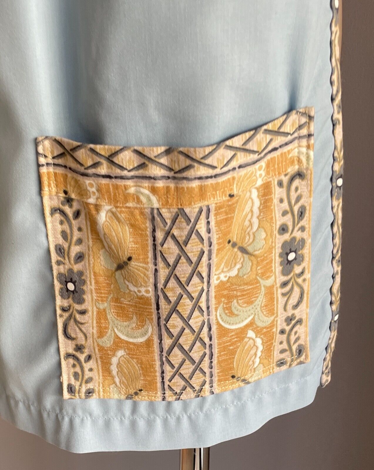 HALF APRON Vintage 1970's Blue w Brown Fabric Print Trim Size 8 10 Handmade