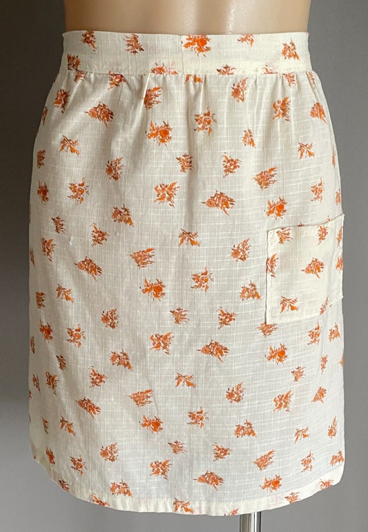 HALF APRON Vintage 1970's Cream Brown Orange Floral Fabric Waist Tie Size 12 16