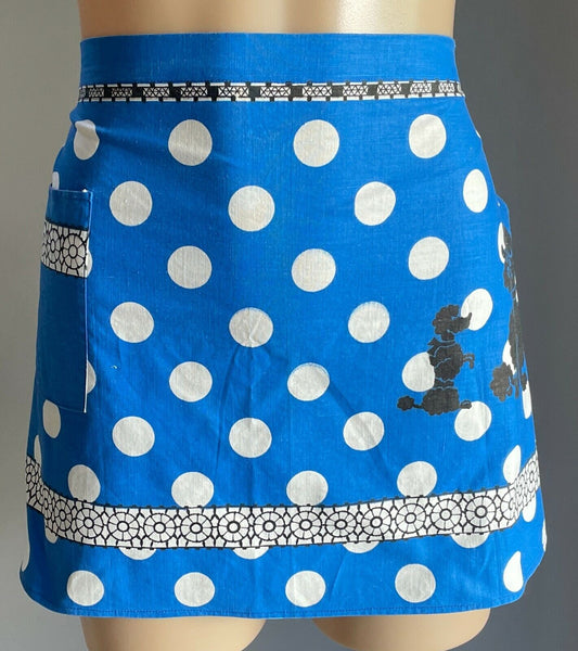 HALF APRON Vintage 1950's Look Blue Polka Dot & Poodle Print Waist Tie Size 8 10