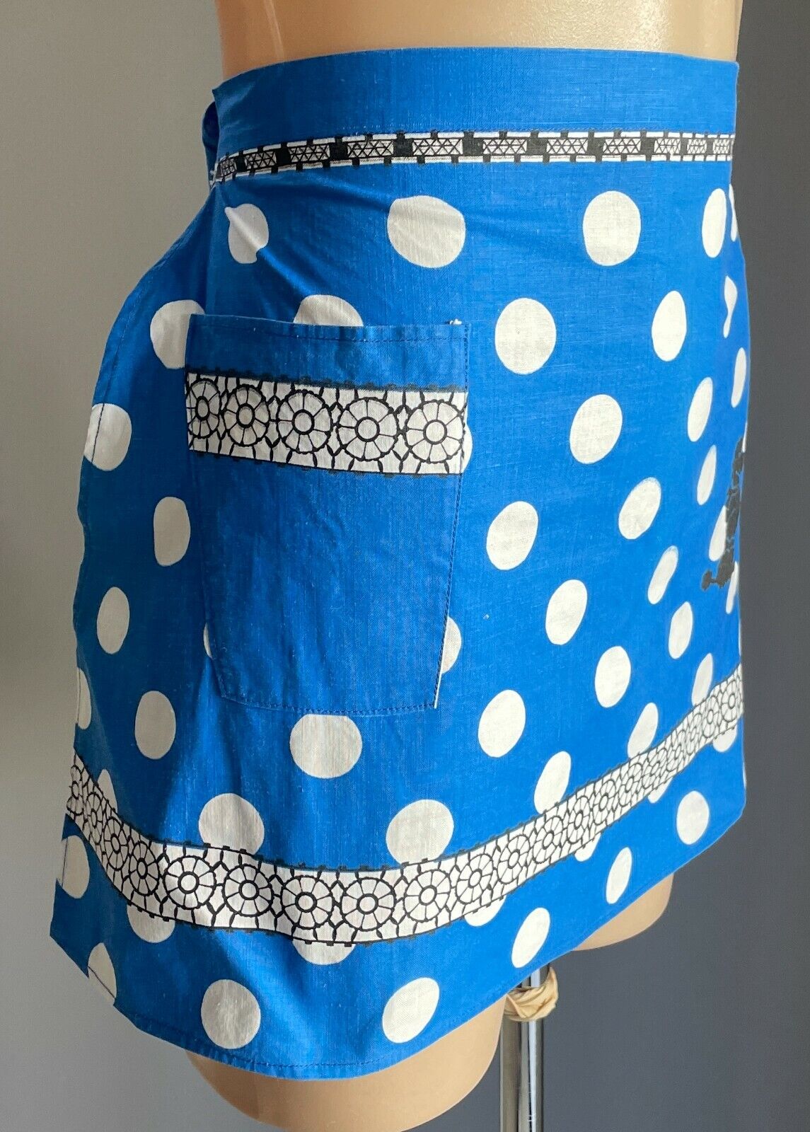 HALF APRON Vintage 1950's Look Blue Polka Dot & Poodle Print Waist Tie Size 8 10