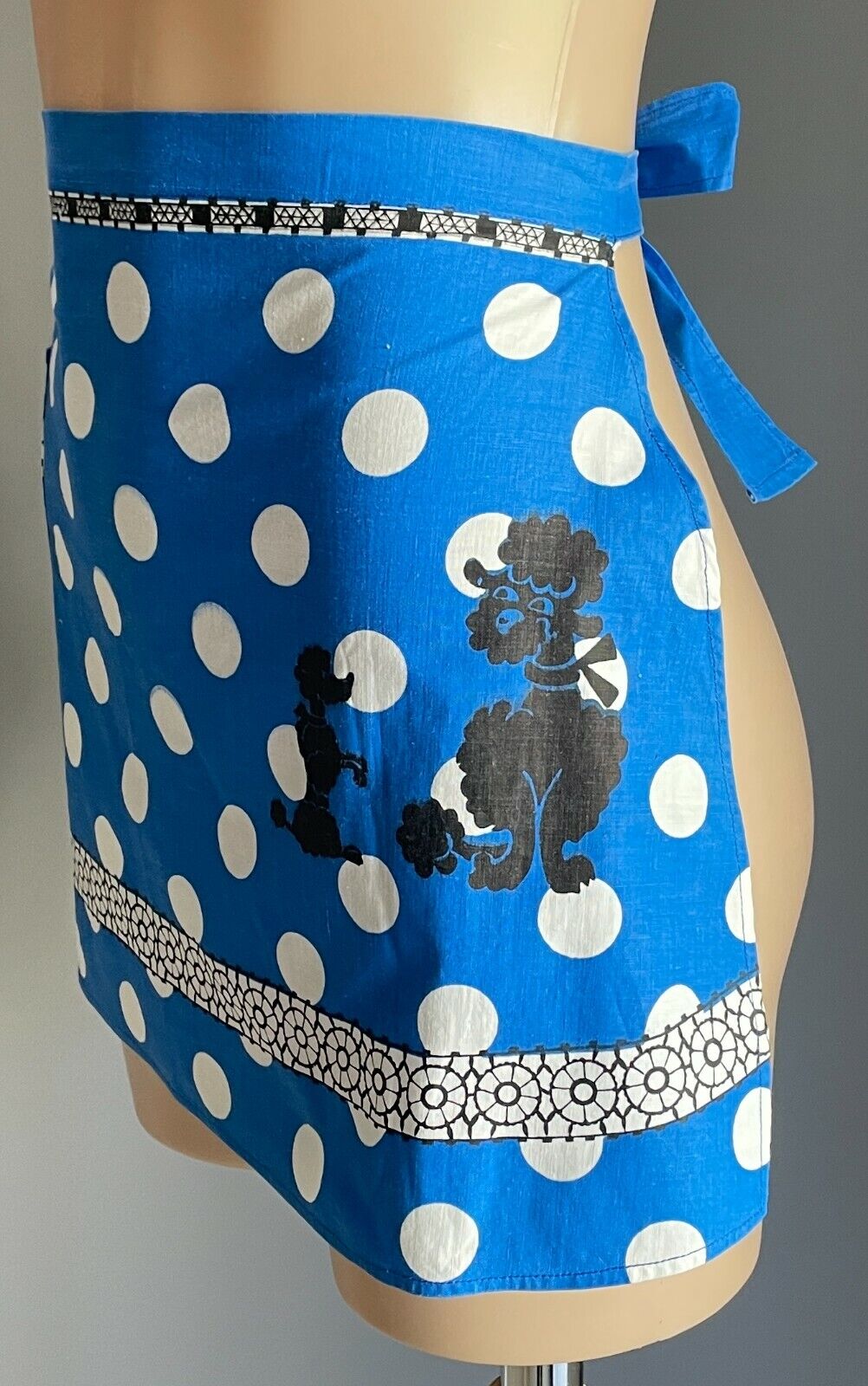 HALF APRON Vintage 1950's Look Blue Polka Dot & Poodle Print Waist Tie Size 8 10