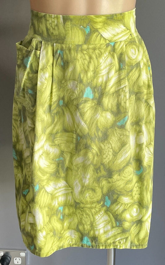 HALF APRON Vintage Green & White Print Waist Tie Print Size 10  14  Pocket