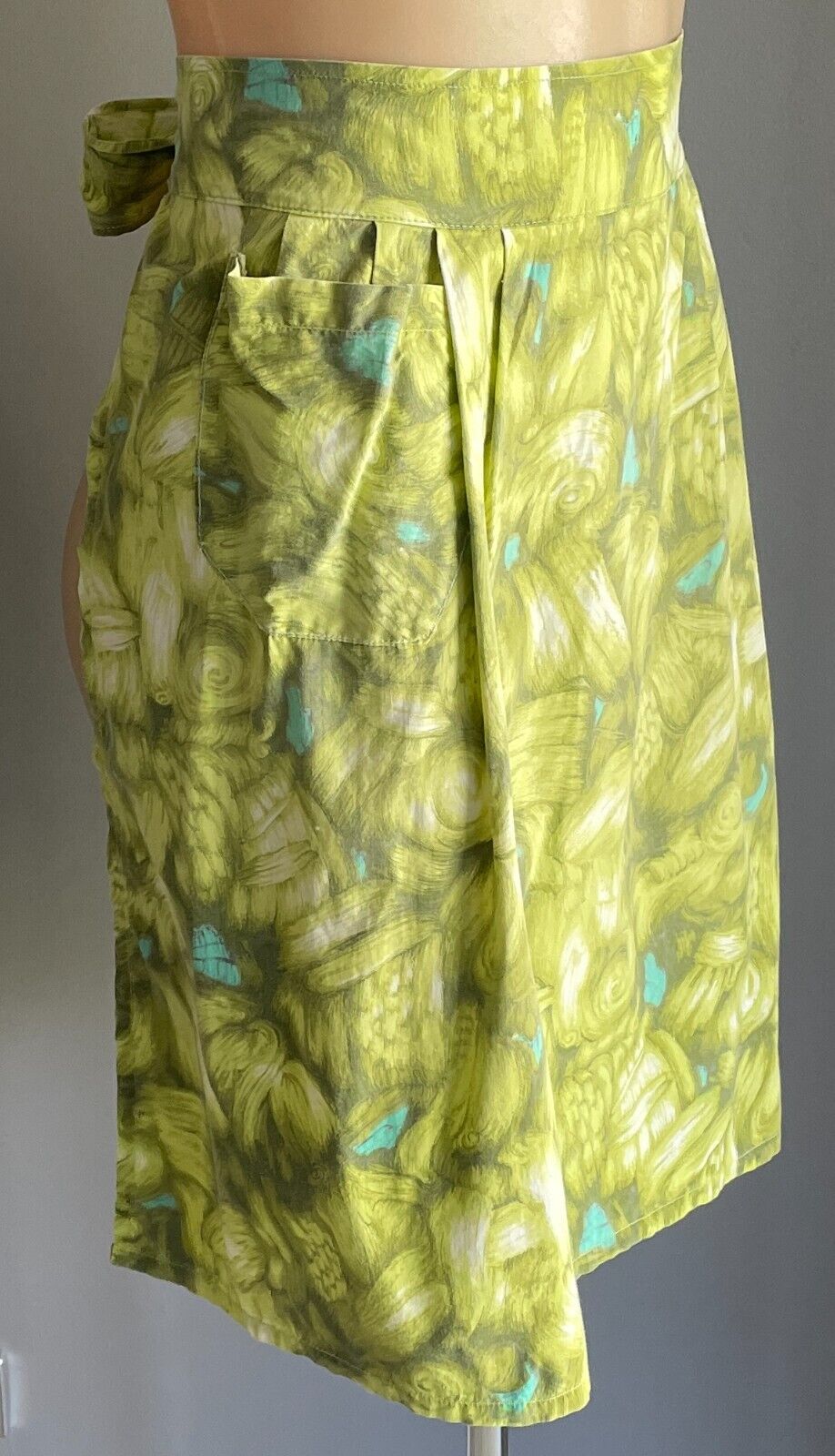 HALF APRON Vintage Green & White Print Waist Tie Print Size 10  14  Pocket