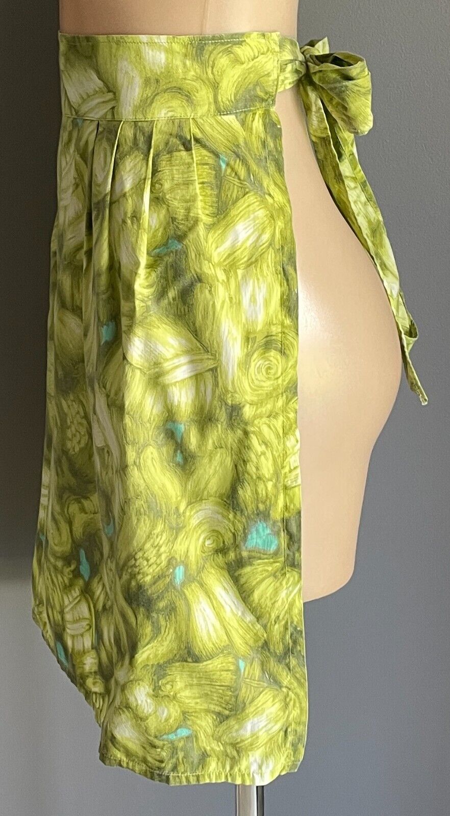 HALF APRON Vintage Green & White Print Waist Tie Print Size 10  14  Pocket