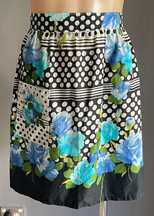 Vintage Kitchen Apron Black Blue White Floral & Polka Dot Waist Tie Size 8  12